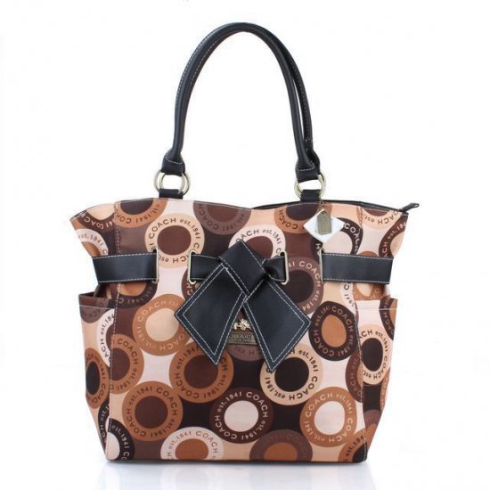 Coach Poppy Bowknot Monogram Medium Brown Totes EUE - Click Image to Close